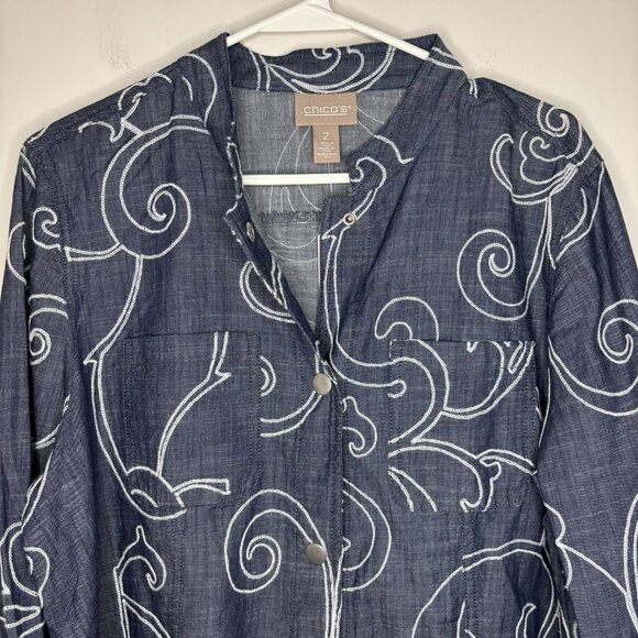 CHICO'S NEW Jacket Women M Embroidered Blue Indigo Lightweight